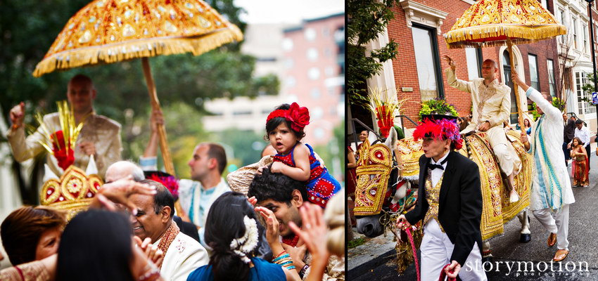 A groom arrives on a decorated horse during the baraat