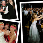 Collage of two wedding reception photos: one shows a bride and groom dancing with guests; the other captures bridesmaids in red dresses having fun with the bride.