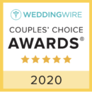 A square graphic with the text "WeddingWire Couples' Choice Awards 2020" and five gold stars below the word "Awards." The background is white with a pale yellow border.